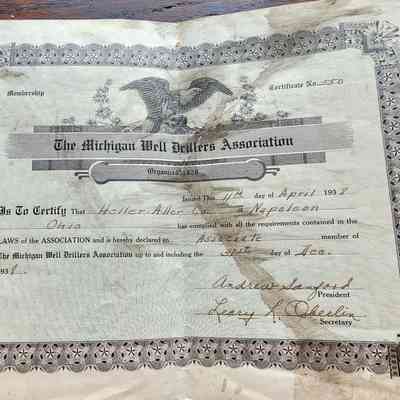 Michigan Well Drillers Association 1938 Award to Heller-Aller Baker