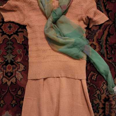 1940's Orange Knit Skirt, Blouse, Scarf
