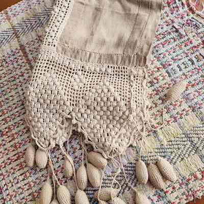 Linen Dresser Cloth/Mantle Cloth, Hemstitched, Crochet Ball Fringe