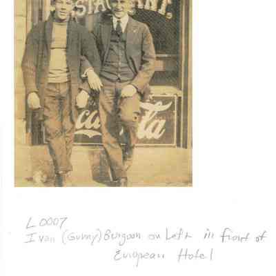 Ivan Burgoon and Unidentified Man in Front of Engle Hotel and Restaurant