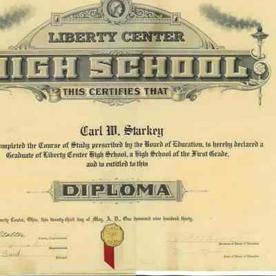 Carl W. Starkey's Diploma from Liberty Center High School, May 23, 1930