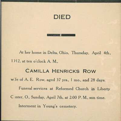 Death Notice for Camilla Henricks Row