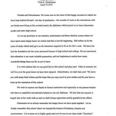 Viola K. Bockelman's Valedictory Speech April 27,1927