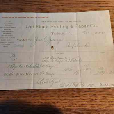 The Blade Printing & Paper Co, Receipt 1889