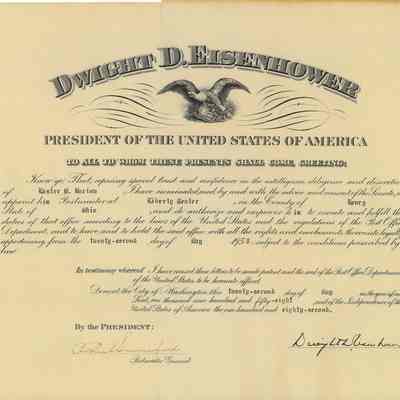 Certificate From President Dwight D. Eisenhower Appointing Luster Barlow Postmaster of Liberty Center, May 22, 1958