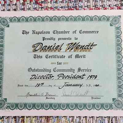 Chamber of Commerce, Napoleon, Ohio, Dan Wendt Cert. of Merit. 1979