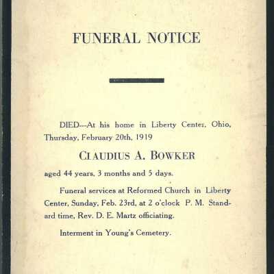 Death Notice of Claudia A. Bowker