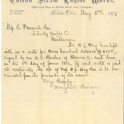 Letter from Toledo Steam Engine Works to Edmond Pennock