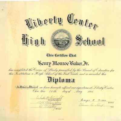 Henry Baker's High School Diploma from Liberty Center School -1938