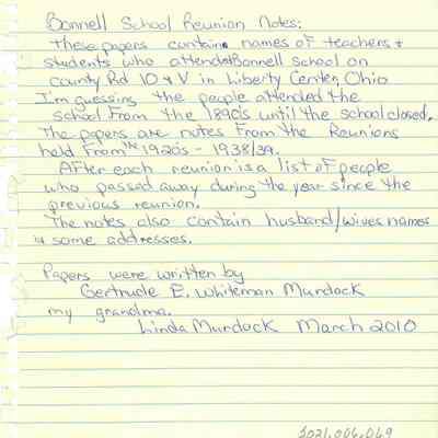 1928-1939 Bonnell School Reunion Notes Taken by Gertrude Murdock