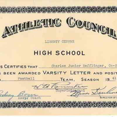 Charles Junior Hefflinger's Football Varsity Letter Certificate Awarded 1941 at Liberty Center High School