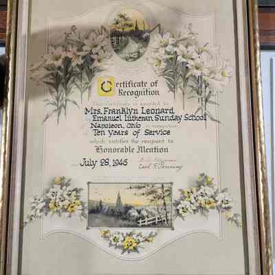 Certificate of Recognition, Emanuel Lutheran Sunday School, 1946