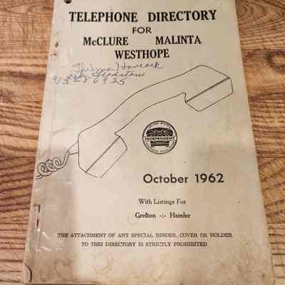 1962 Telephone Directory, McClure, Malinta, Westhope, Grelton, Malinta