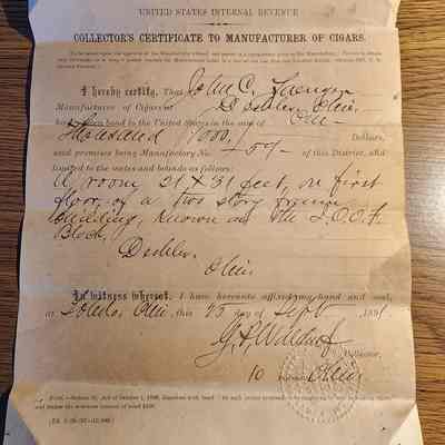 1889 US Internal Revenue Certificate to Mfr. Cigars, Napoleon