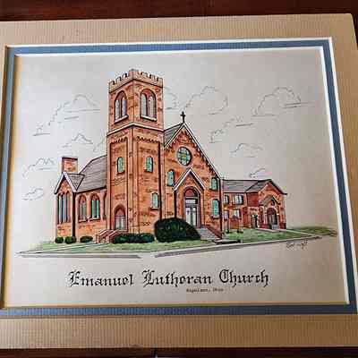 Emaunuel Lutheran Church, Pen & Ink, Color, by Robert Heft