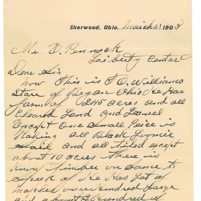 Letter to Edmond Pennock from The Sherwood House of Sherwood, Ohio