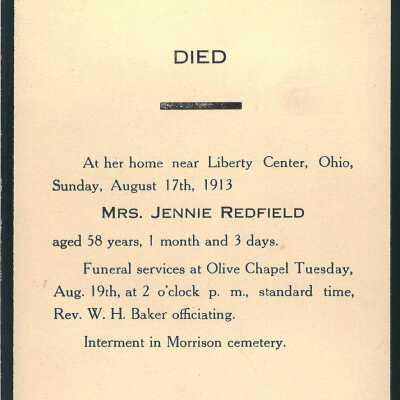 Death Notice of Mrs.Jennie Redfield