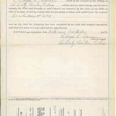 Village of Liberty Center Resolution #294, October 8, 1952, Lloyd Spiess, Clerk