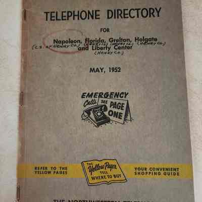 1952 Telephone Directory, Northwestern Telephone, Napoleon, Florida, Grelton, Holgate, Liberty Center