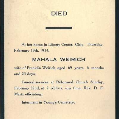 Death Notice of Mahala Weirich