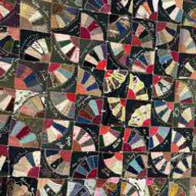 Crazy Fan Quilt of Velvet & Silk Fabric Made by Colton United Methodist Women and Sold at an Auction