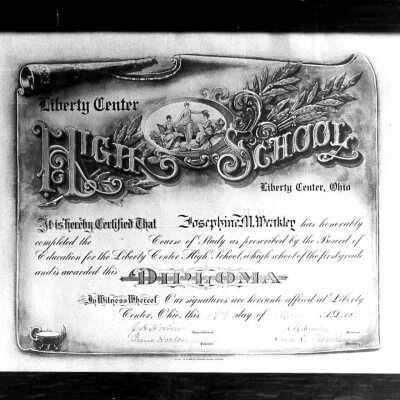 Photograph of Josephine Markley's diploma from Liberty Center High School, 1918