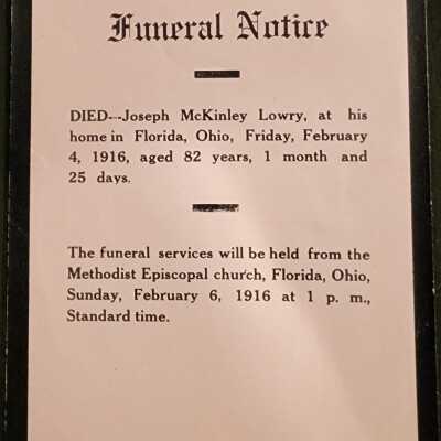 1916, Funeral Notice, Joseph McKinley Lowry