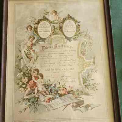 Wedding Certificate, German, 1889 Wesley Dirr & Christina Zeigler