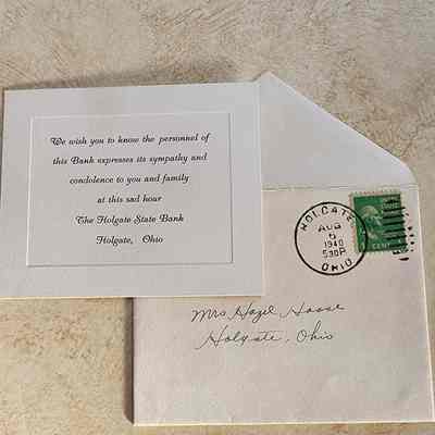 Condolence Card from the Holgate State Bank to Mrs. Hazel Mink Haase
