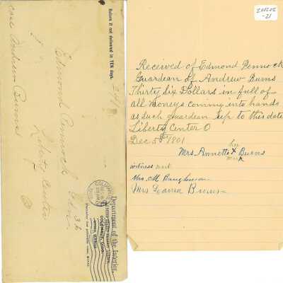 Handwritten Receipt of Edmond Pennock for the guardianship of Andrew Burns (an invalid) from his grandmother (Edmond's sister) Annette Burns