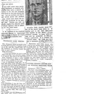 Newspaper Clippings of Franklin Cody, Grandson of Mr. and Mrs. Delos Cody of Liberty Center, Ohio
