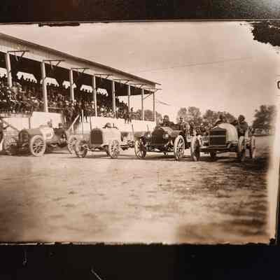 (2) Glass Negatives, (2) Prints, Henry County Fairgrounds, Barney Oldfield-type Car Races, Farmyard