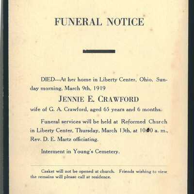 Death Notice of Jennie E. Crawford