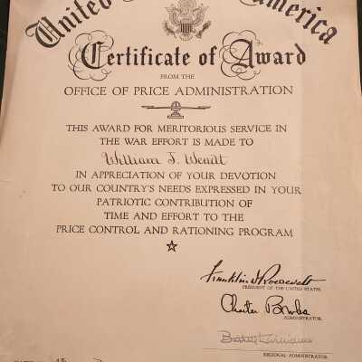 William J. Wendt, Certificate of Award for War Service