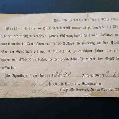 1904 W.F.Wolf Ridgeville Corners, Ohio Postcard from Insurance Company Re: Claim, German