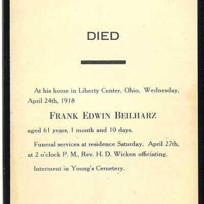 Death notice of Frank Edwin Beilharz