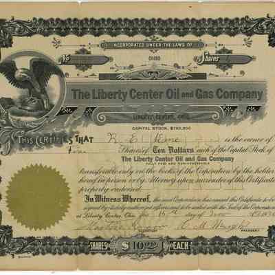 1920 Stock Certificate for Liberty Center Oil and Gas Company
