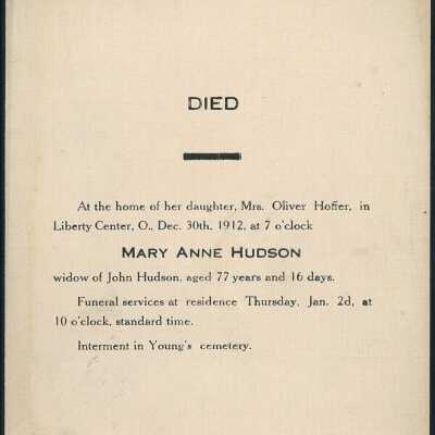 Death Notice of Mary Anne Hudson