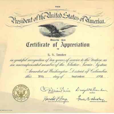 Certificate to H.B. Romaker From President Eisenhower for 10 yrs. Selective Service System in 1958