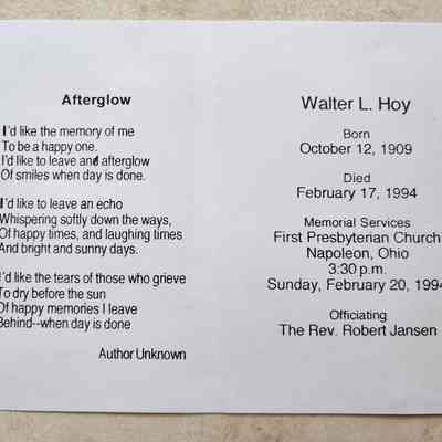 Walter Hoy, Napoleon, Ohio, Obituary