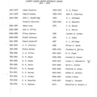 Roster of Liberty Center United Methodist Church Ministers from 1874-1979