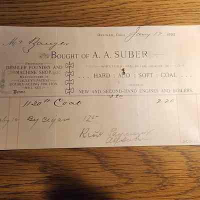 1892 Deshler, Ohio AA Suber Receipt