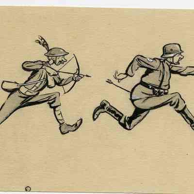 Winslow Mortimer pen/ink cartoon entitled "Indian Warfare Against German Army."