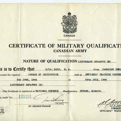 1944 Canadian Infantry Corps Officer's Certificate.