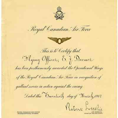 1946 Royal Canadian Air Force posthumous operational wings certificate