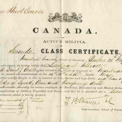 1874 Canadian Militia Second Class Certificate "Lieutenant Elliott, Grand Trunk of Artillery, 25 May 1874."