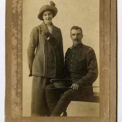 Photograph "Unidentified studio portrait of a PPCLI Private accompanied by a woman in civilian clothes".