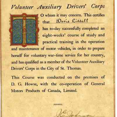1940 St. Thomas Volunteer Auxiliary Drivers' Corps certificate "Doris Liddall."