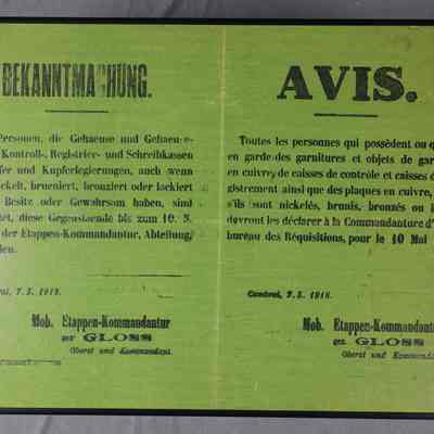 1918 German Army Occupation Order for Cambrai, France.