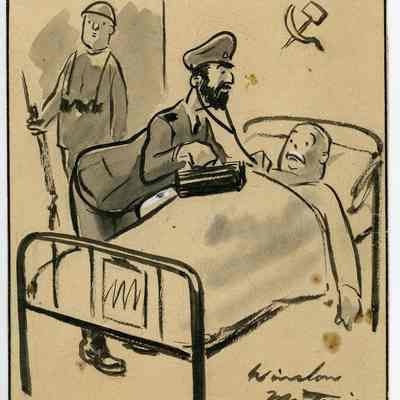 Winslow Mortimer pen/ink cartoon entitled "Red Army Doctor Examines Sick Patient."